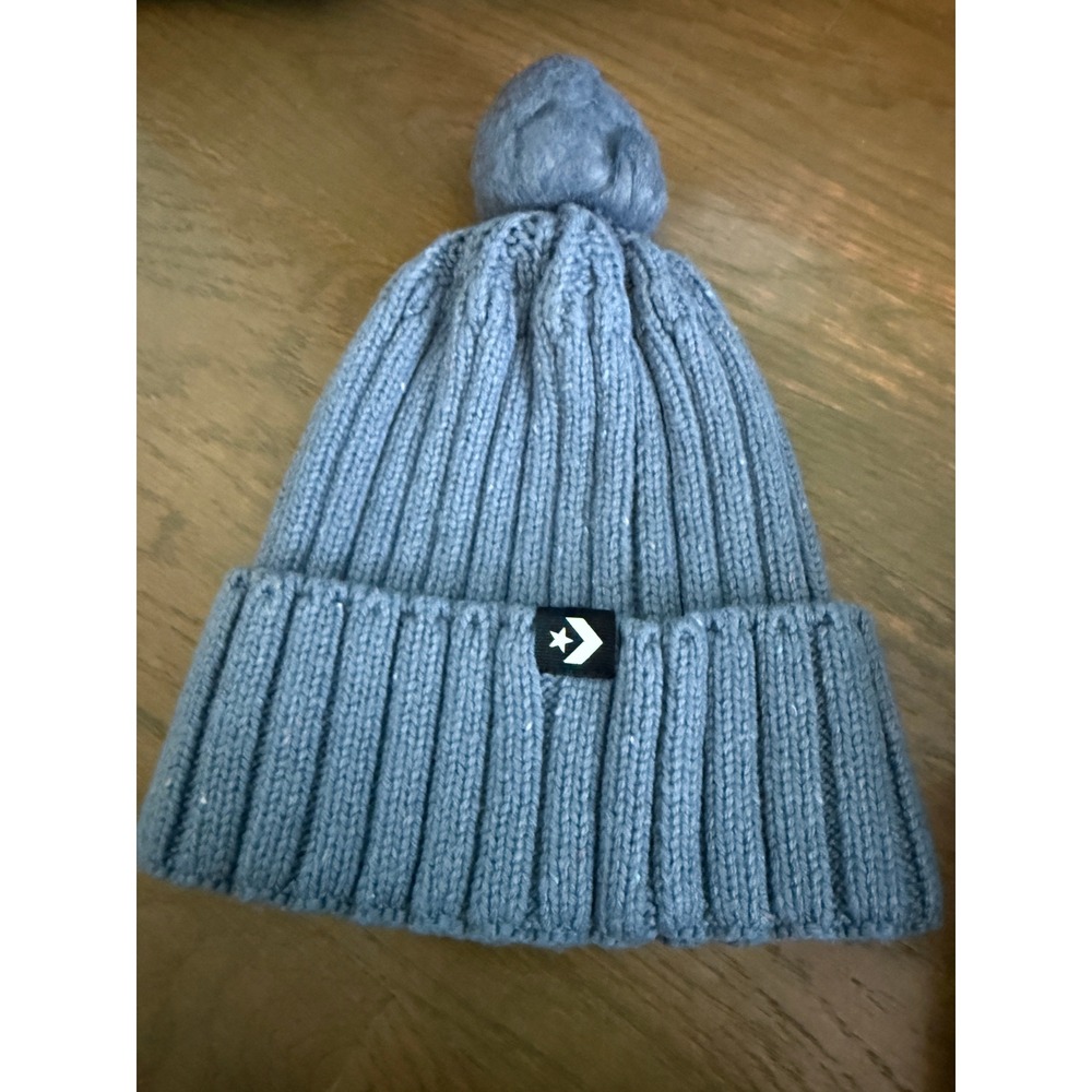 Converse Blue Ribbed Knit Pom Beanie Hat Star Chevron Logo Cuff Cap